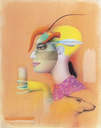 Surreales buntes Profilporträt: Person mit Glas, abstrakte Formen und Tierkopf vor pastellfarbenem Hintergrund